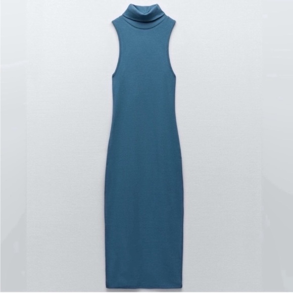 NWOT Zara Sleeveless Mockneck Ribbed Midi-Dress in Blue size L - Picture 4 of 13